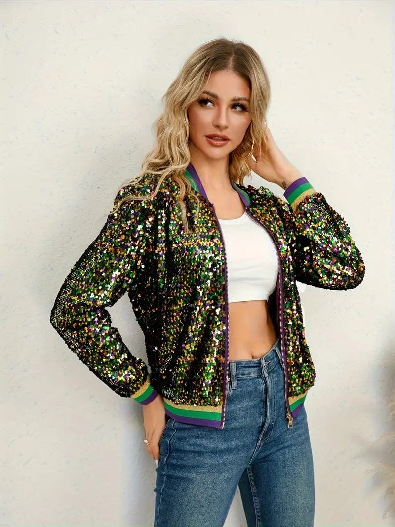 Sequin Bomber Jacket with Zipper Closure and Long Sleeves, Stylish Women's Outerwear