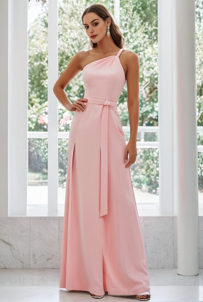 flowy chiffon one shoulder with three straps bridesmaid dress 105521