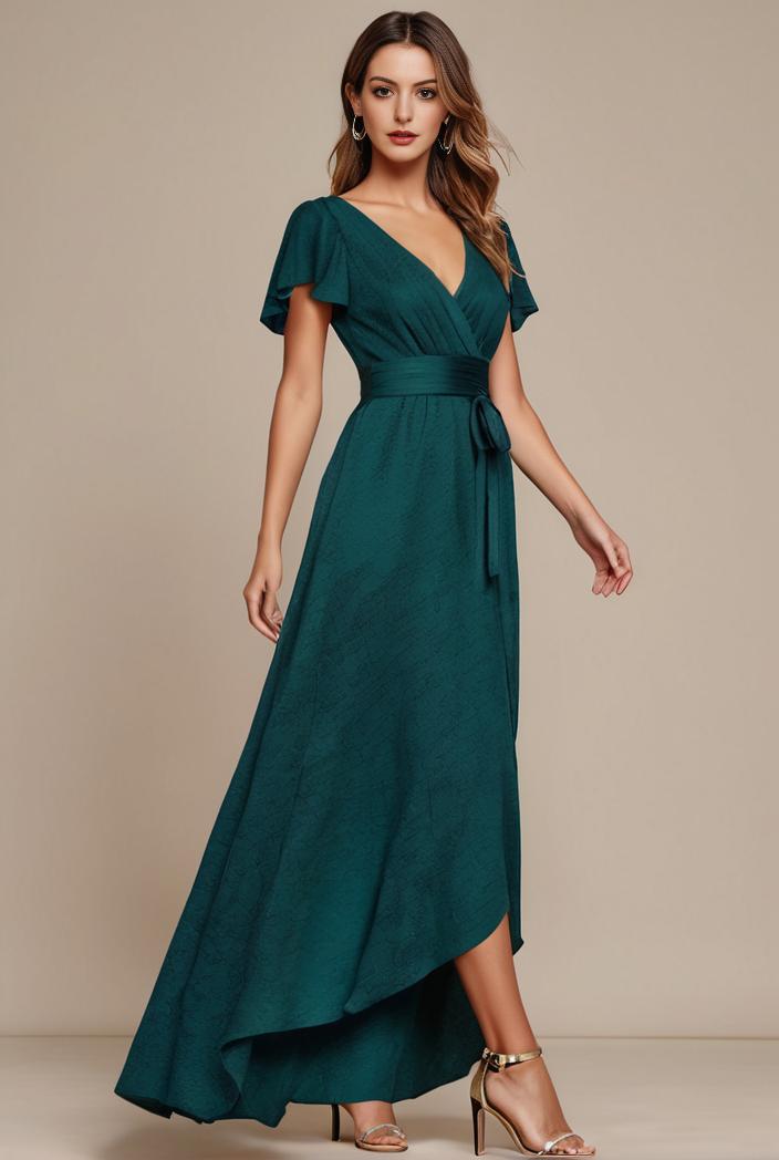 glitter high low front side slit ruffled v neck evening dress 105660