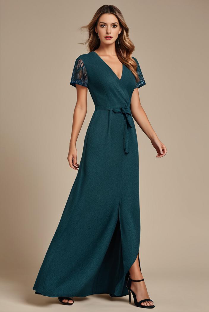 glitter high low front side slit ruffled v neck evening dress 105662