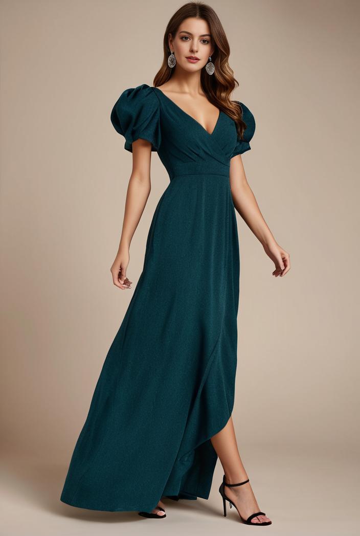 glitter high low front side slit ruffled v neck evening dress 105663