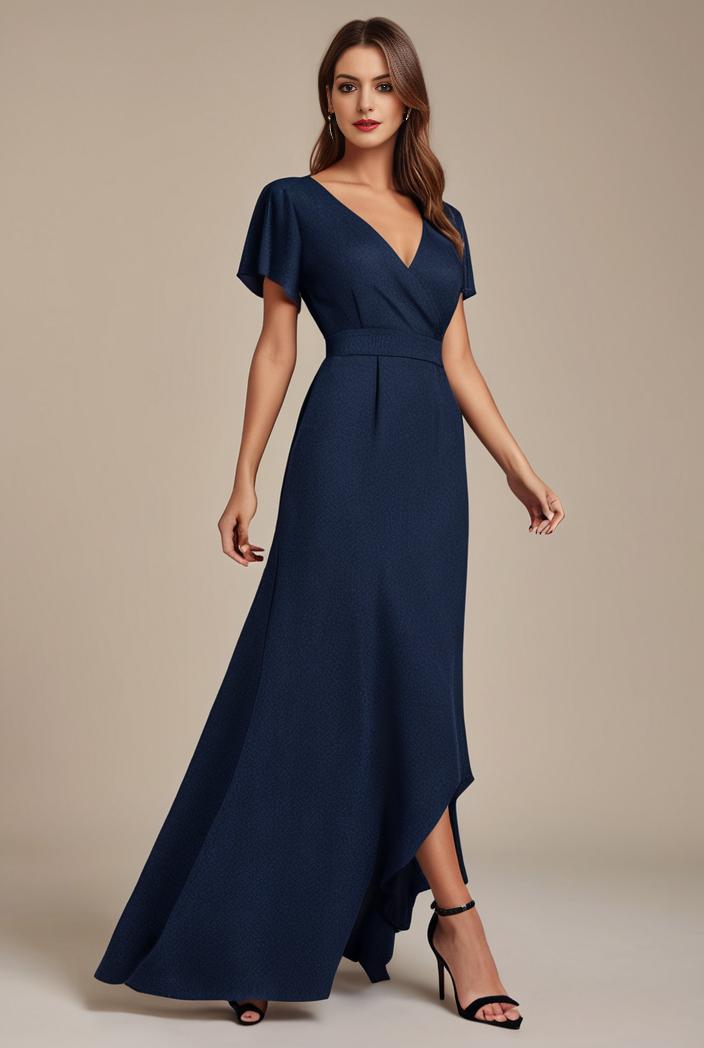 glitter high low front side slit ruffled v neck evening dress 105666