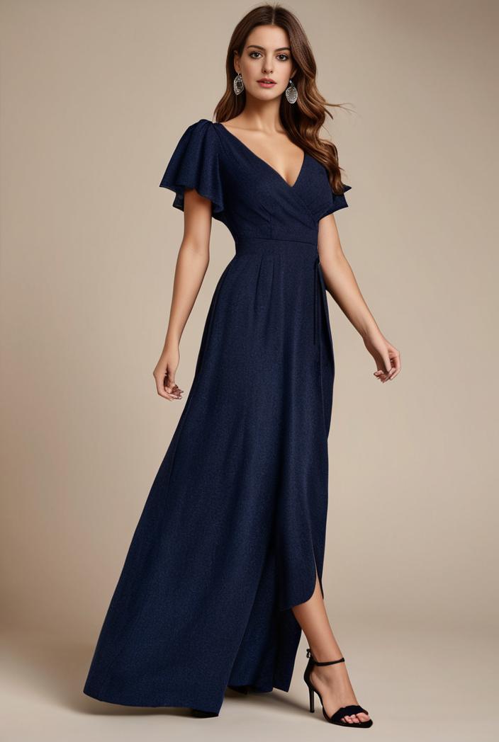 glitter high low front side slit ruffled v neck evening dress 105671
