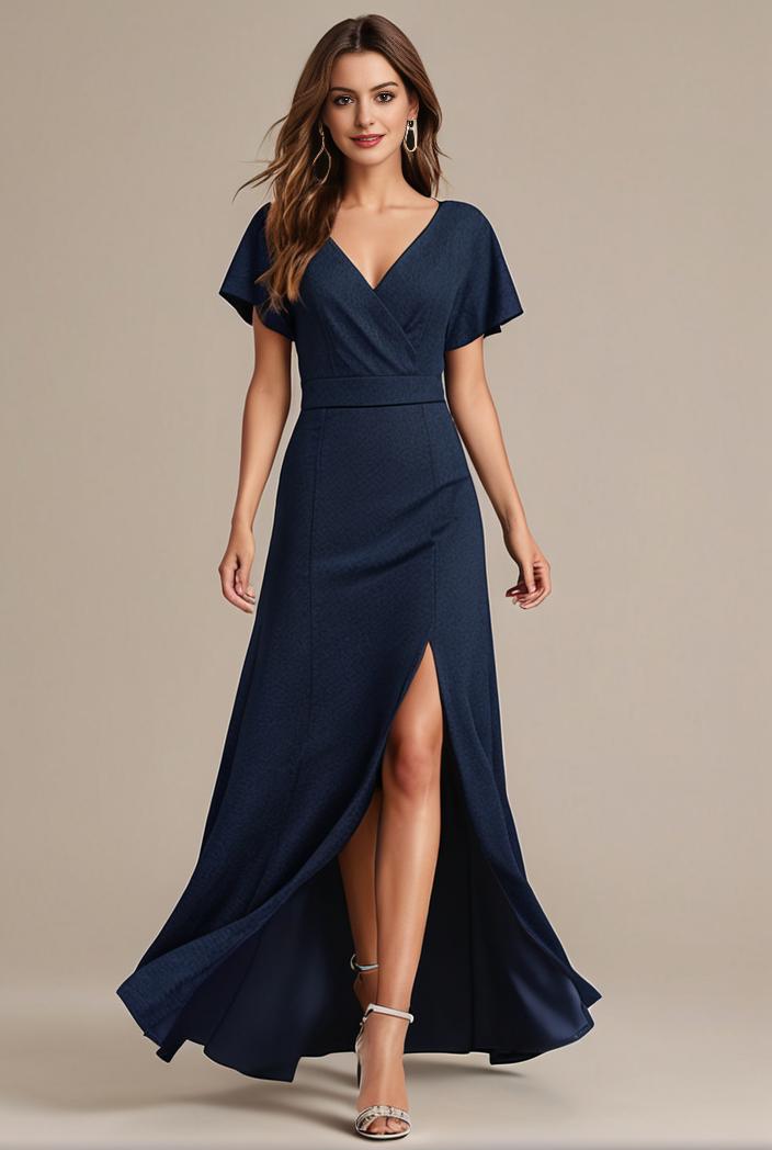 glitter high low front side slit ruffled v neck evening dress 105676