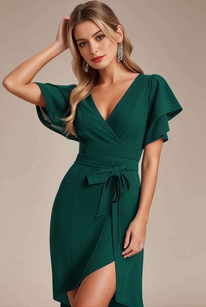 glitter high low front side slit ruffled v neck evening dress 105685