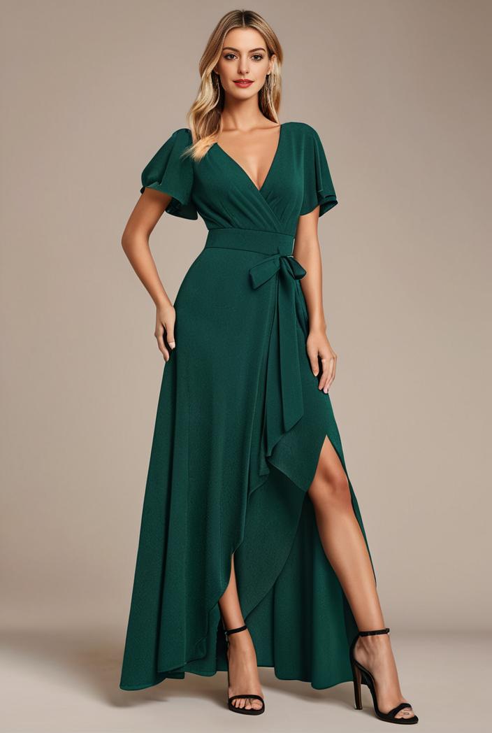 glitter high low front side slit ruffled v neck evening dress 105690