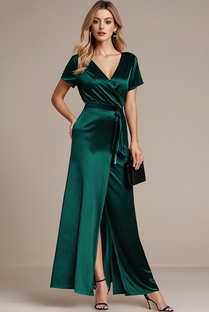 glitter high low front side slit ruffled v neck evening dress 105688