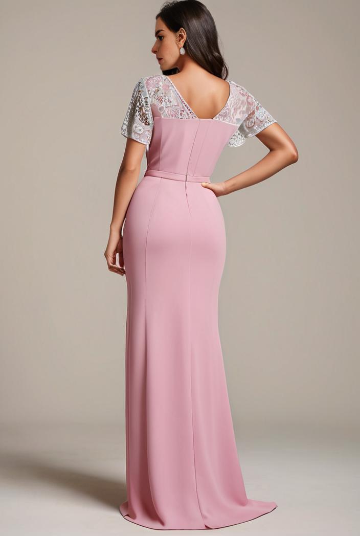 plus size front slit short sleeve with sequin mother of the bride dress 109480