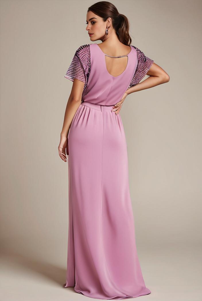 plus size front slit short sleeve with sequin mother of the bride dress 109484