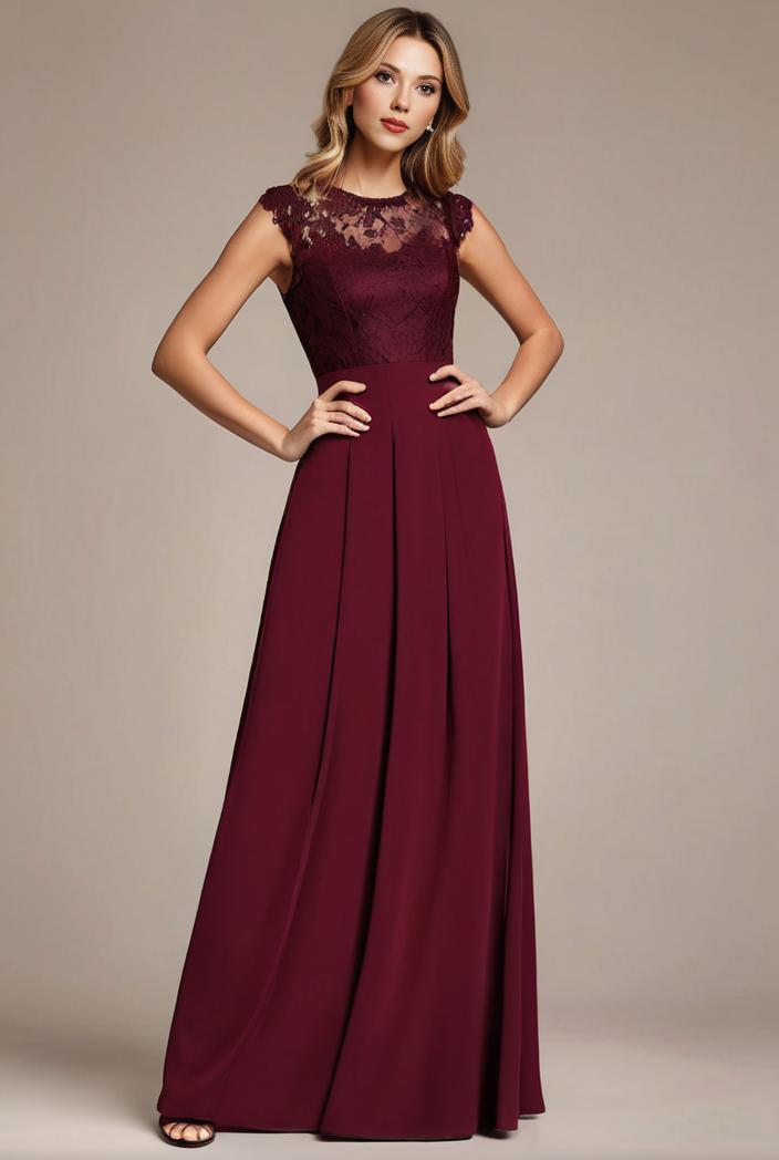 elegant chiffon maxi evening dress with lace cap sleeve 131353