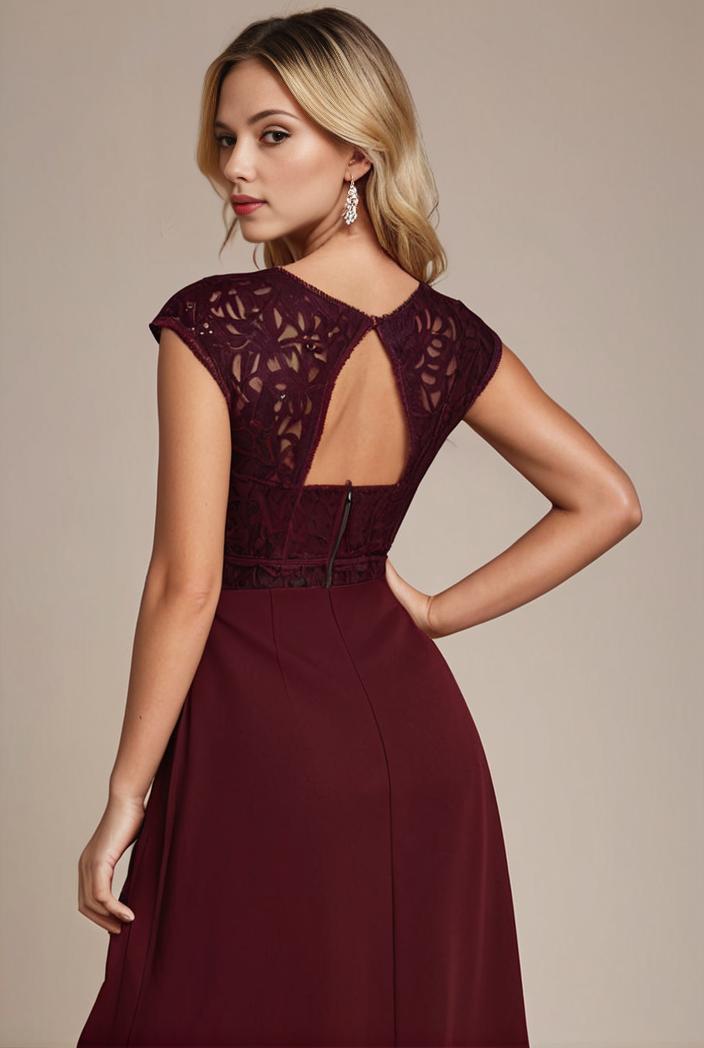 elegant chiffon maxi evening dress with lace cap sleeve 131364