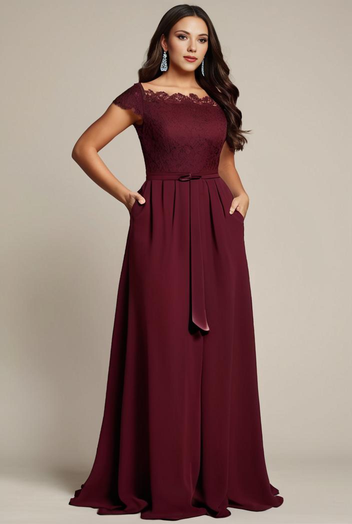 elegant chiffon maxi evening dress with lace cap sleeve 131373