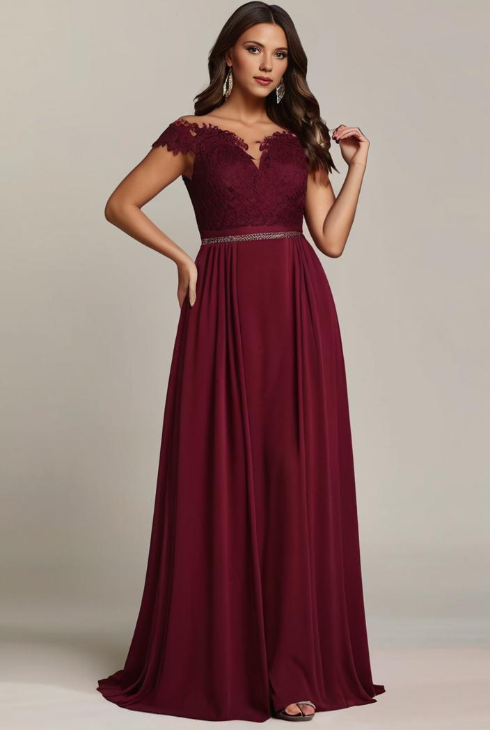 elegant chiffon maxi evening dress with lace cap sleeve 131374