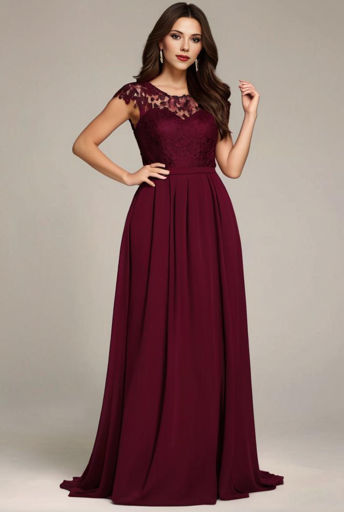 elegant chiffon maxi evening dress with lace cap sleeve 131379