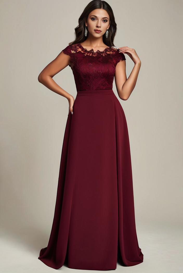elegant chiffon maxi evening dress with lace cap sleeve 131377