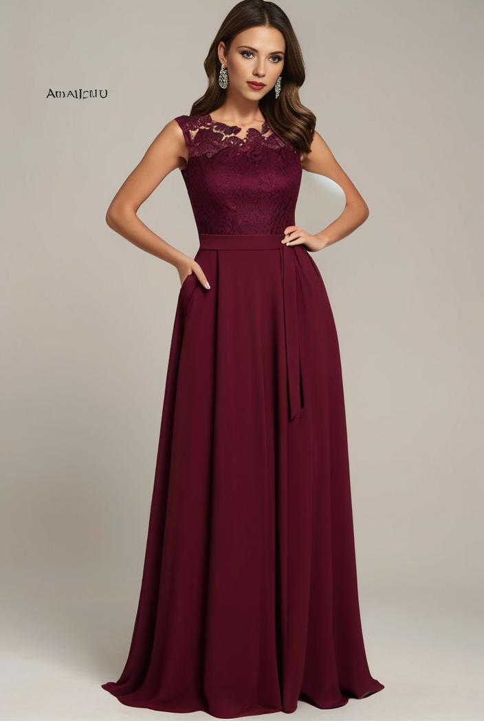 elegant chiffon maxi evening dress with lace cap sleeve 131378