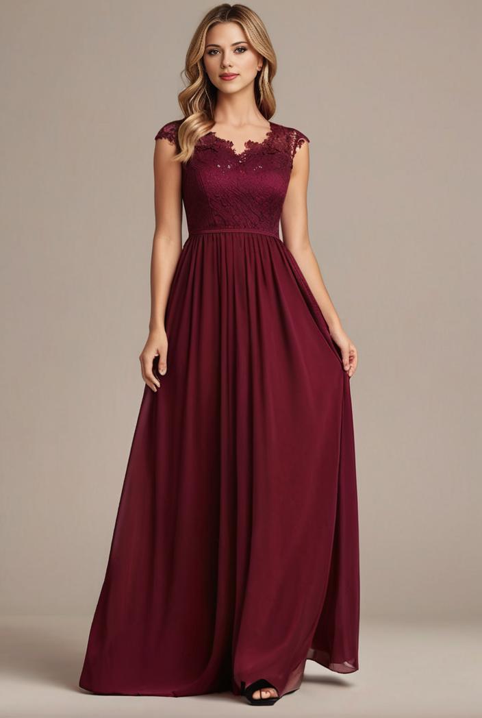 elegant chiffon maxi evening dress with lace cap sleeve 131380