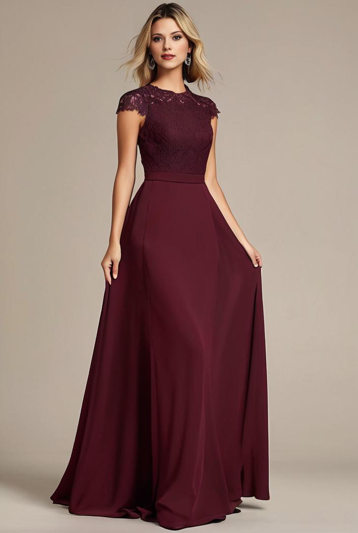 elegant chiffon maxi evening dress with lace cap sleeve 131381