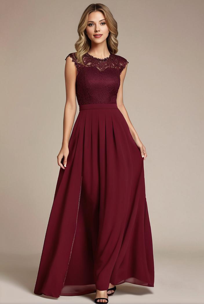 elegant chiffon maxi evening dress with lace cap sleeve 131383