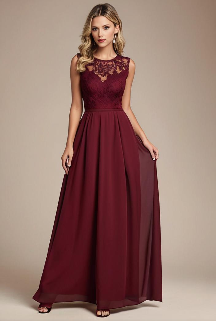 elegant chiffon maxi evening dress with lace cap sleeve 131384