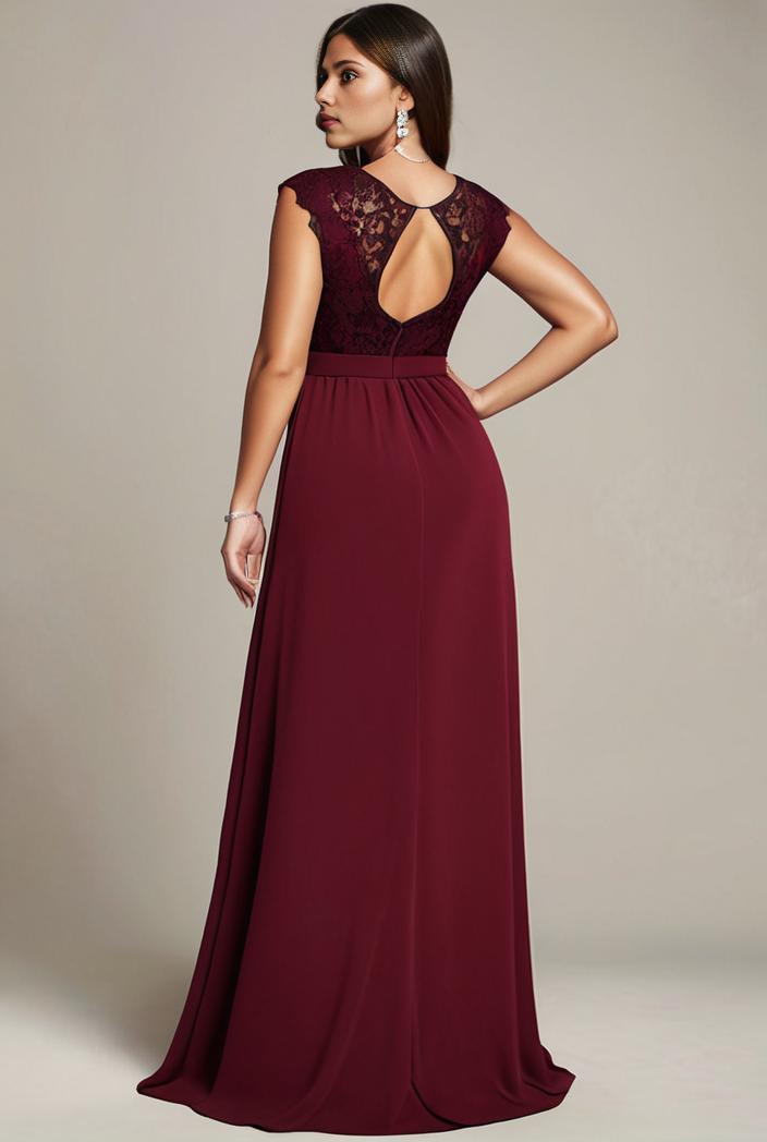elegant chiffon maxi evening dress with lace cap sleeve 131394