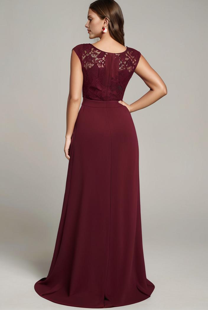 elegant chiffon maxi evening dress with lace cap sleeve 131395
