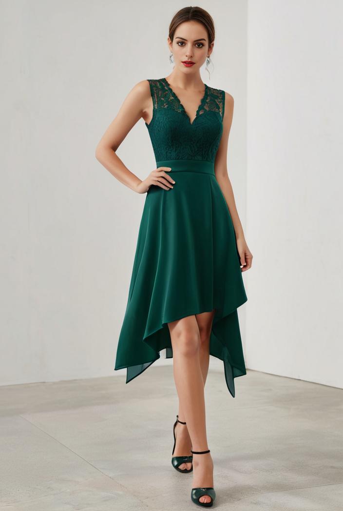 deep v neck lace chiffon bridesmaid dress with asymmetrical hem 120378