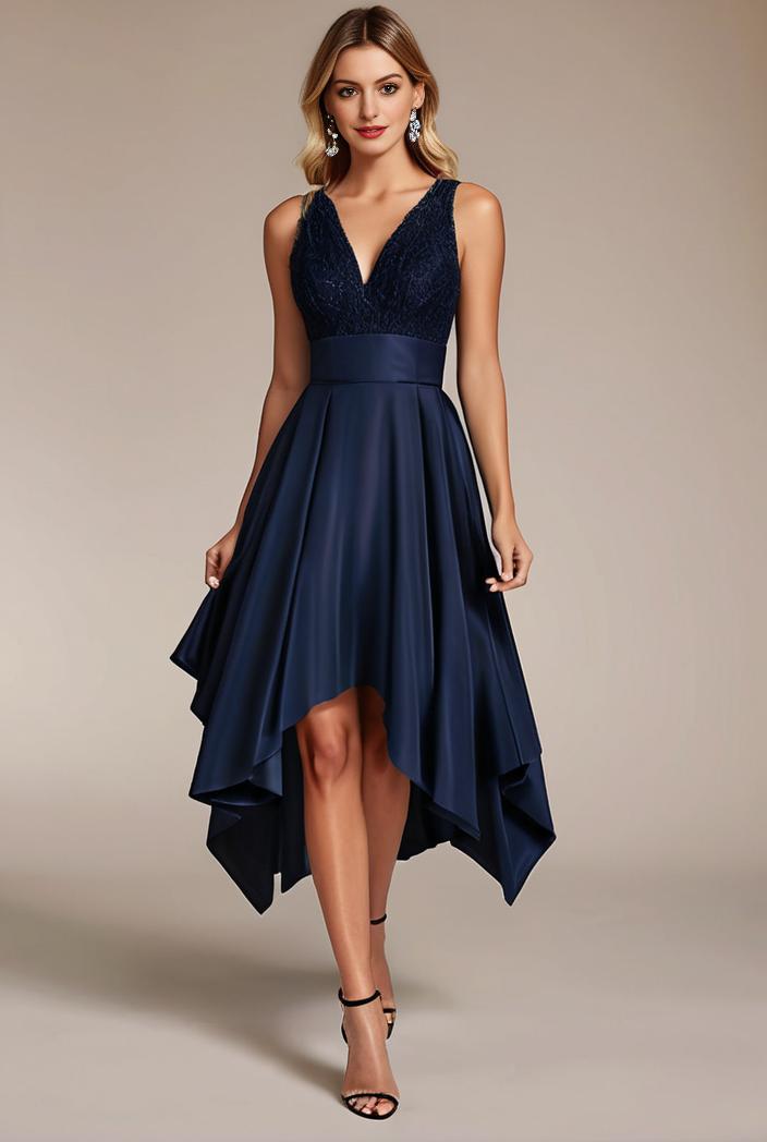 deep v neck lace chiffon bridesmaid dress with asymmetrical hem 120393