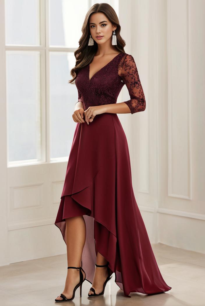 3 4 sleeve sheer sequin stripe high low hem evening dress 133033