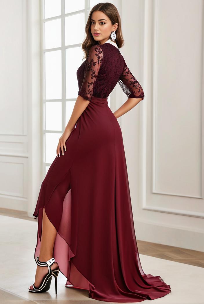 3 4 sleeve sheer sequin stripe high low hem evening dress 133071