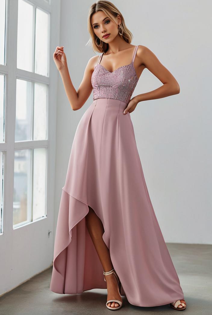 pleated v neck spaghetti strap high slit bridesmaid dress 143932