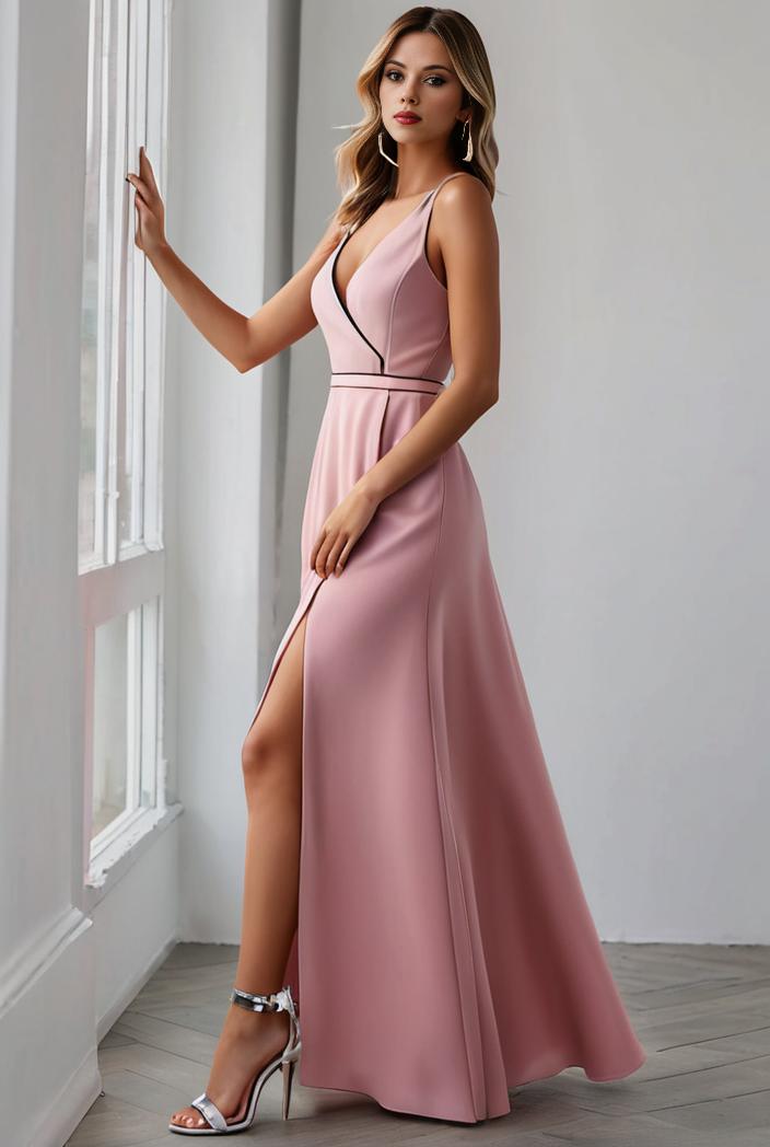 pleated v neck spaghetti strap high slit bridesmaid dress 143953
