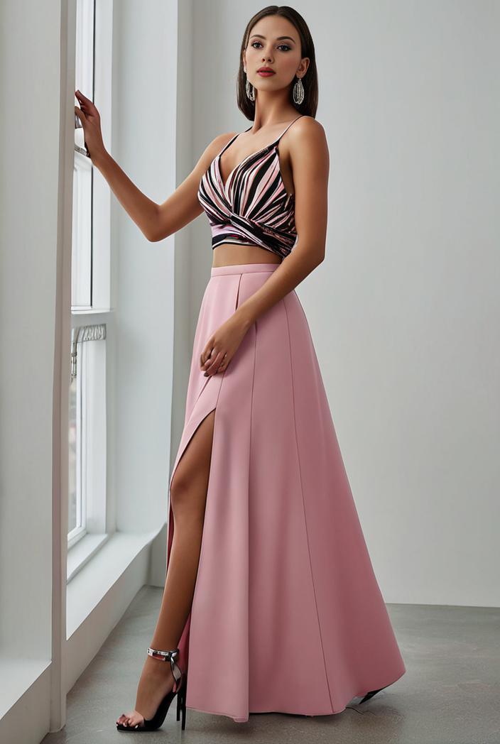 pleated v neck spaghetti strap high slit bridesmaid dress 143954