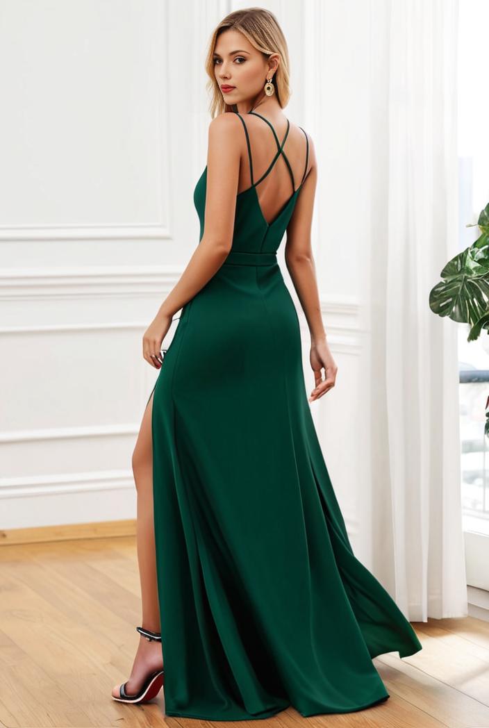 pleated v neck spaghetti strap high slit bridesmaid dress 143967