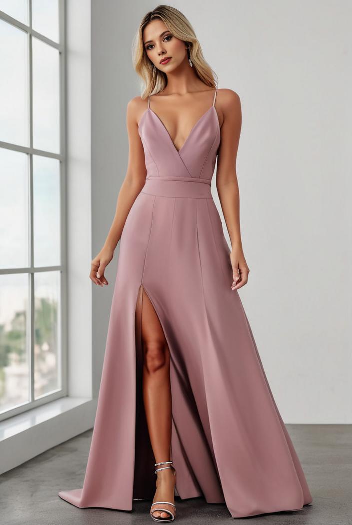 pleated v neck spaghetti strap high slit bridesmaid dress 143981