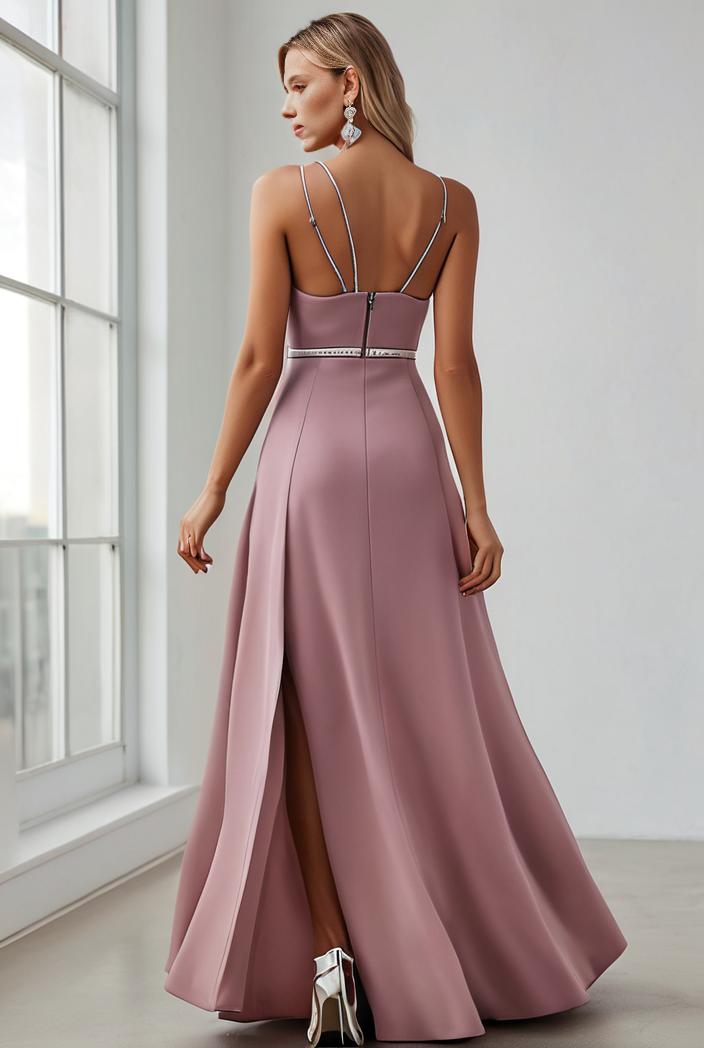 pleated v neck spaghetti strap high slit bridesmaid dress 143983