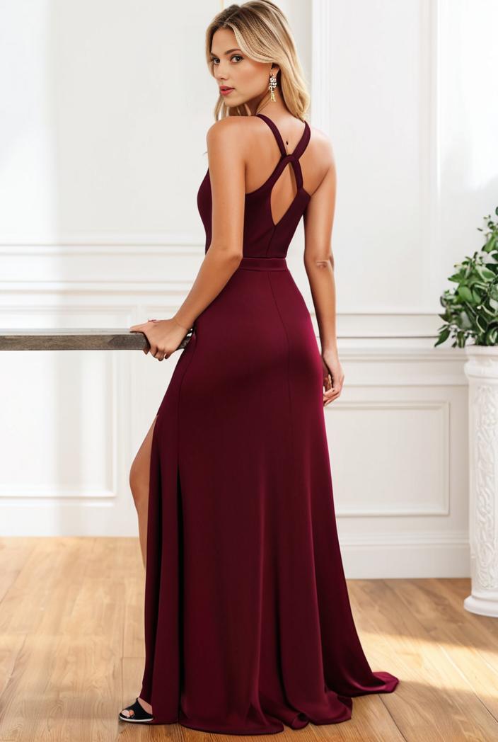pleated v neck spaghetti strap high slit bridesmaid dress 143988