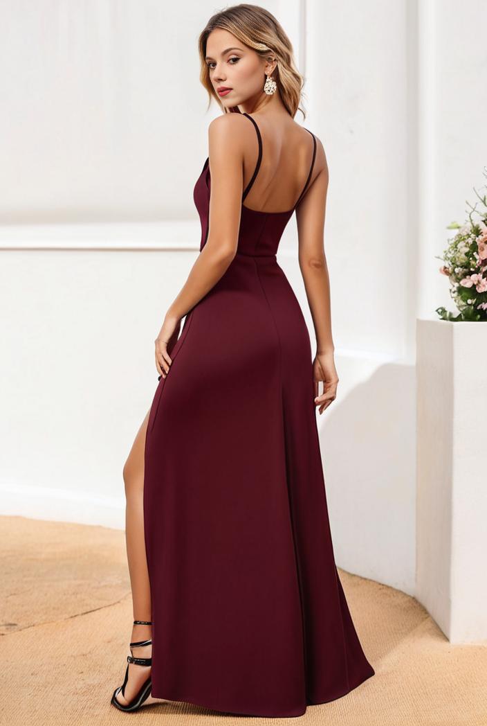 pleated v neck spaghetti strap high slit bridesmaid dress 143994