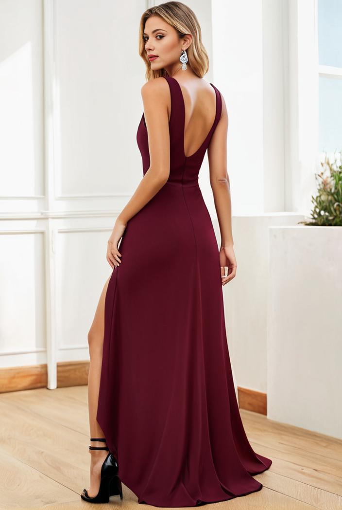 pleated v neck spaghetti strap high slit bridesmaid dress 143993