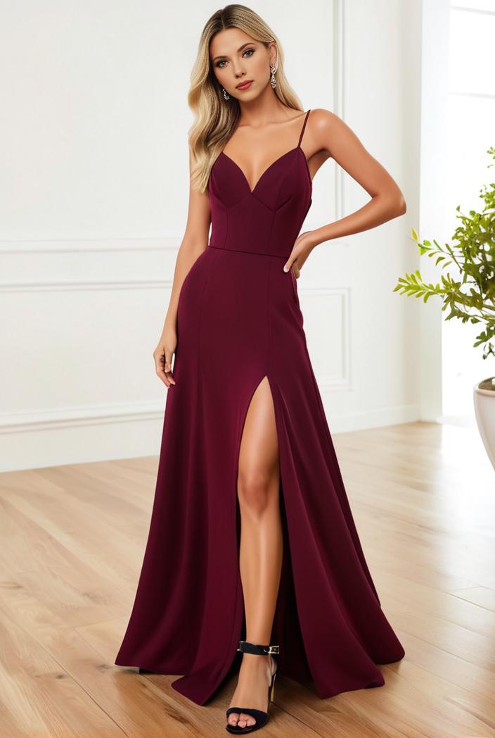 pleated v neck spaghetti strap high slit bridesmaid dress 144039