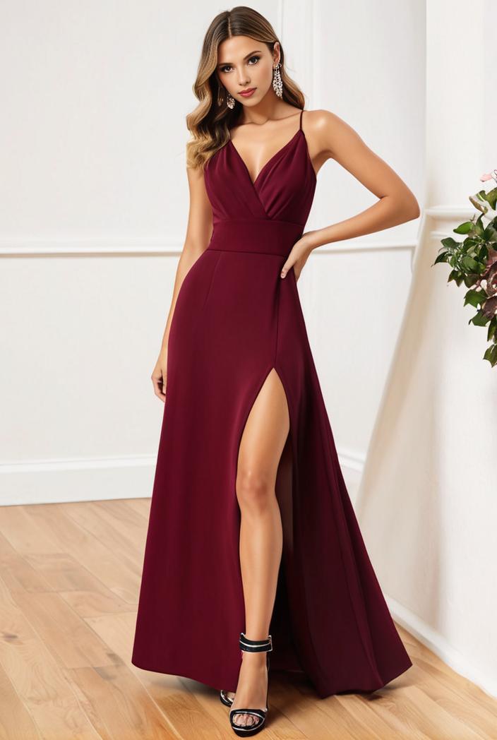pleated v neck spaghetti strap high slit bridesmaid dress 144040