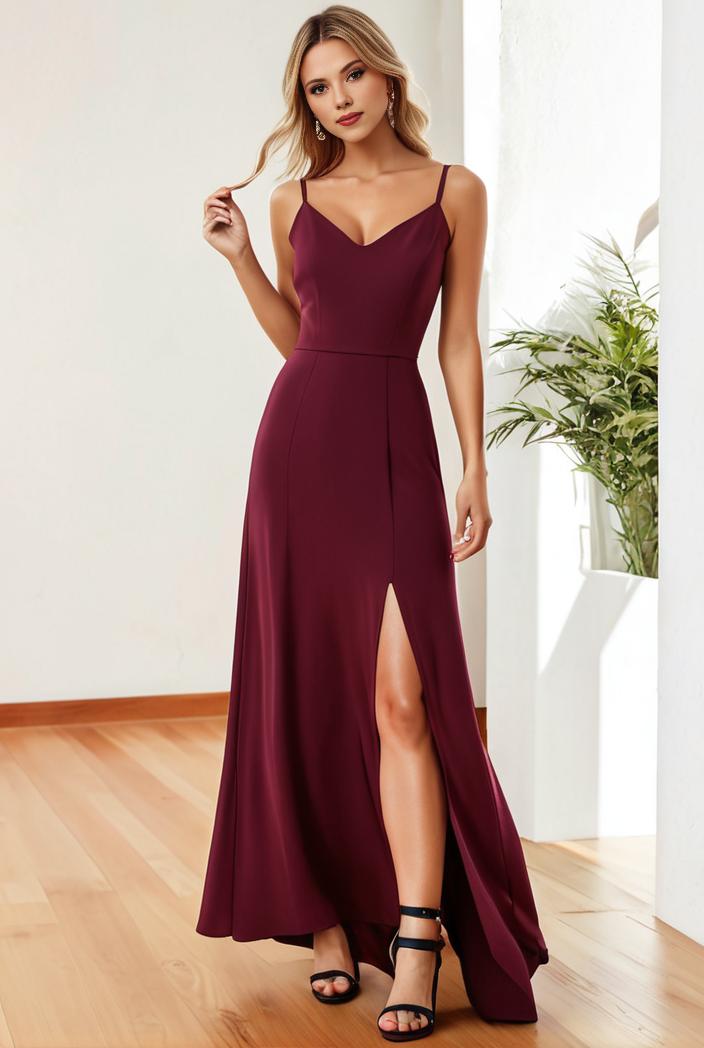 pleated v neck spaghetti strap high slit bridesmaid dress 144047