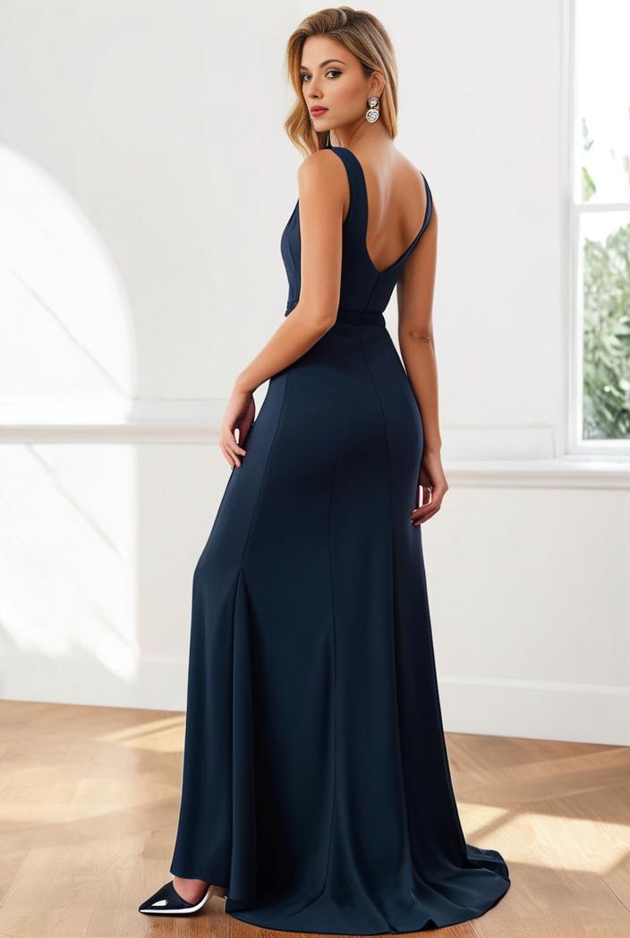pleated v neck spaghetti strap high slit bridesmaid dress 144052
