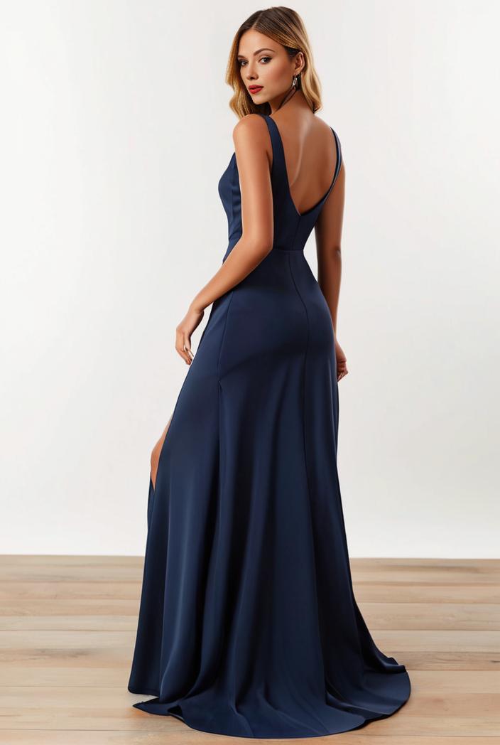 pleated v neck spaghetti strap high slit bridesmaid dress 144054