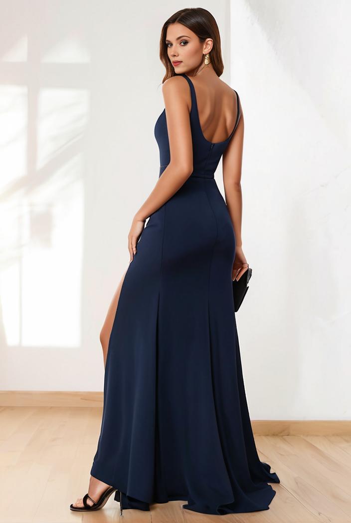 pleated v neck spaghetti strap high slit bridesmaid dress 144055