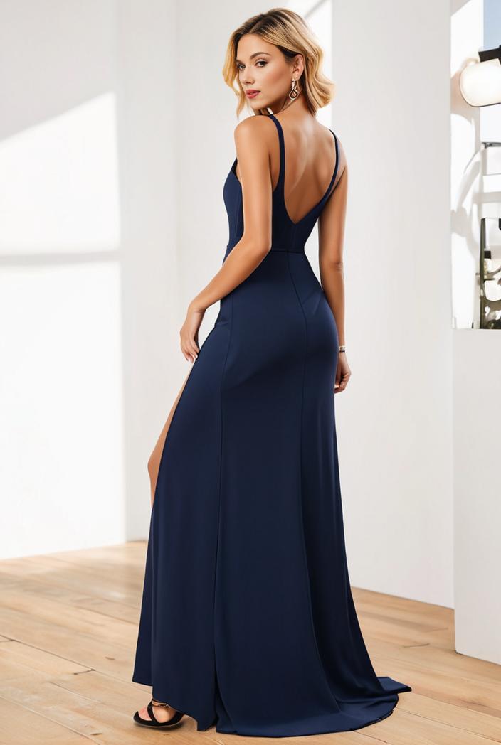 pleated v neck spaghetti strap high slit bridesmaid dress 144056