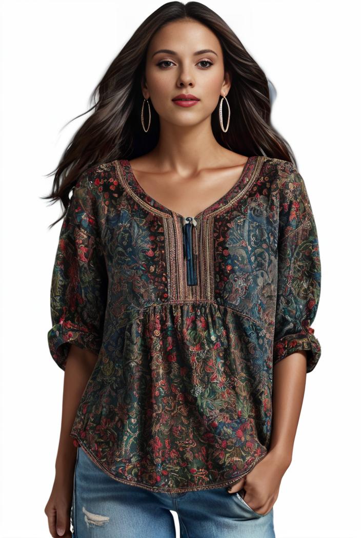 plus size boho top women s plus allover paisley print half sleeve v neck slight stretch top 144181