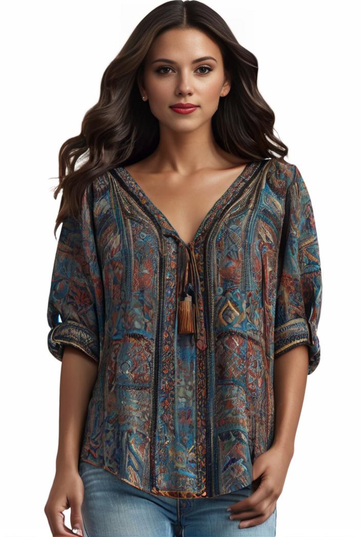 plus size boho top women s plus allover paisley print half sleeve v neck slight stretch top 144187