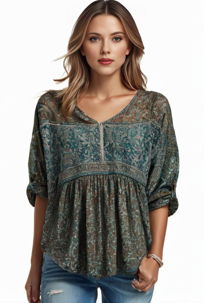 plus size boho top women s plus allover paisley print half sleeve v neck slight stretch top 144189