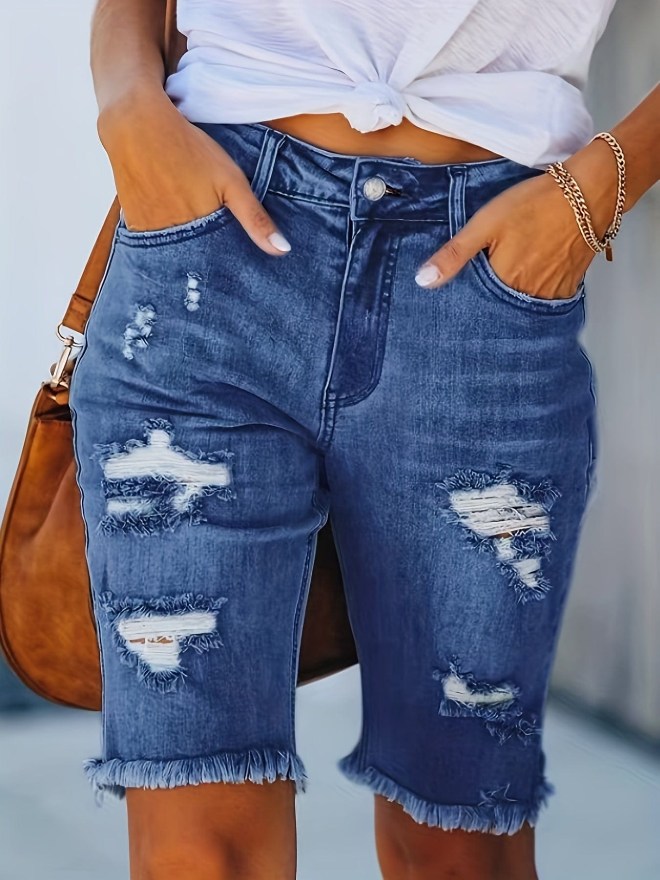 Stylish Mid-Stretch Raw Hem Ripped Denim Shorts